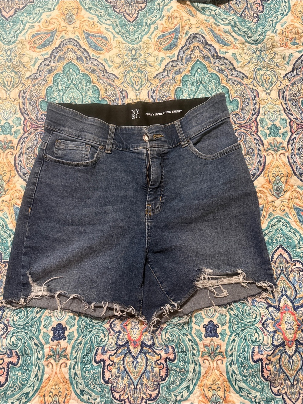 New York & Company Dark Blue Distressed Denim Shorts